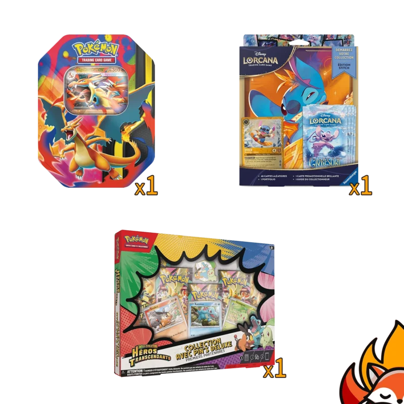 Pack Crossover – Coffret Collection avec pin’s Deluxe Héros Transcendants + Pokébox Méga Dracaufeu X/Y Ex + Coffret « Démarrez votre collection » Stitch – Français