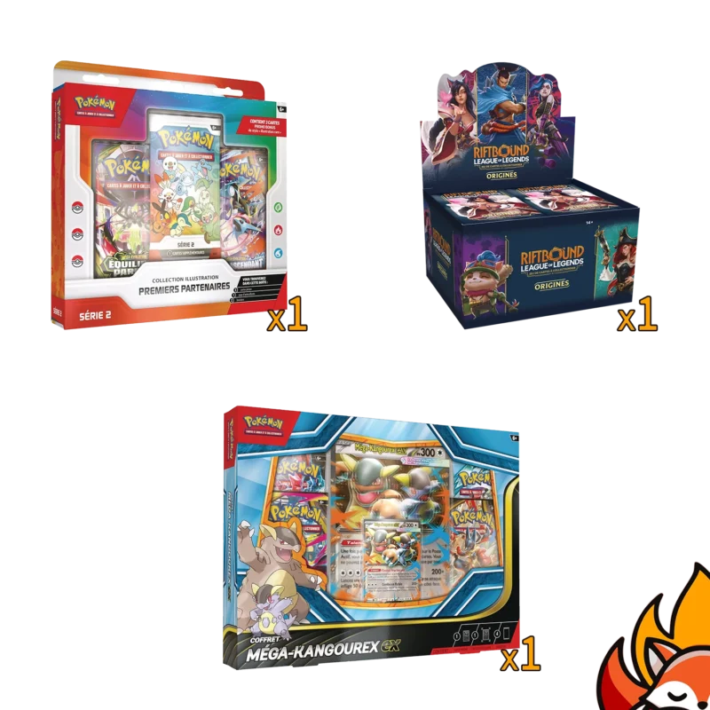 Pack Crossover – Coffret Premiers Partenaires Série 2 + Pokébox Méga Dracaufeu X/Y Ex + Coffret « Démarrez votre collection » Stitch – Français (Copie)